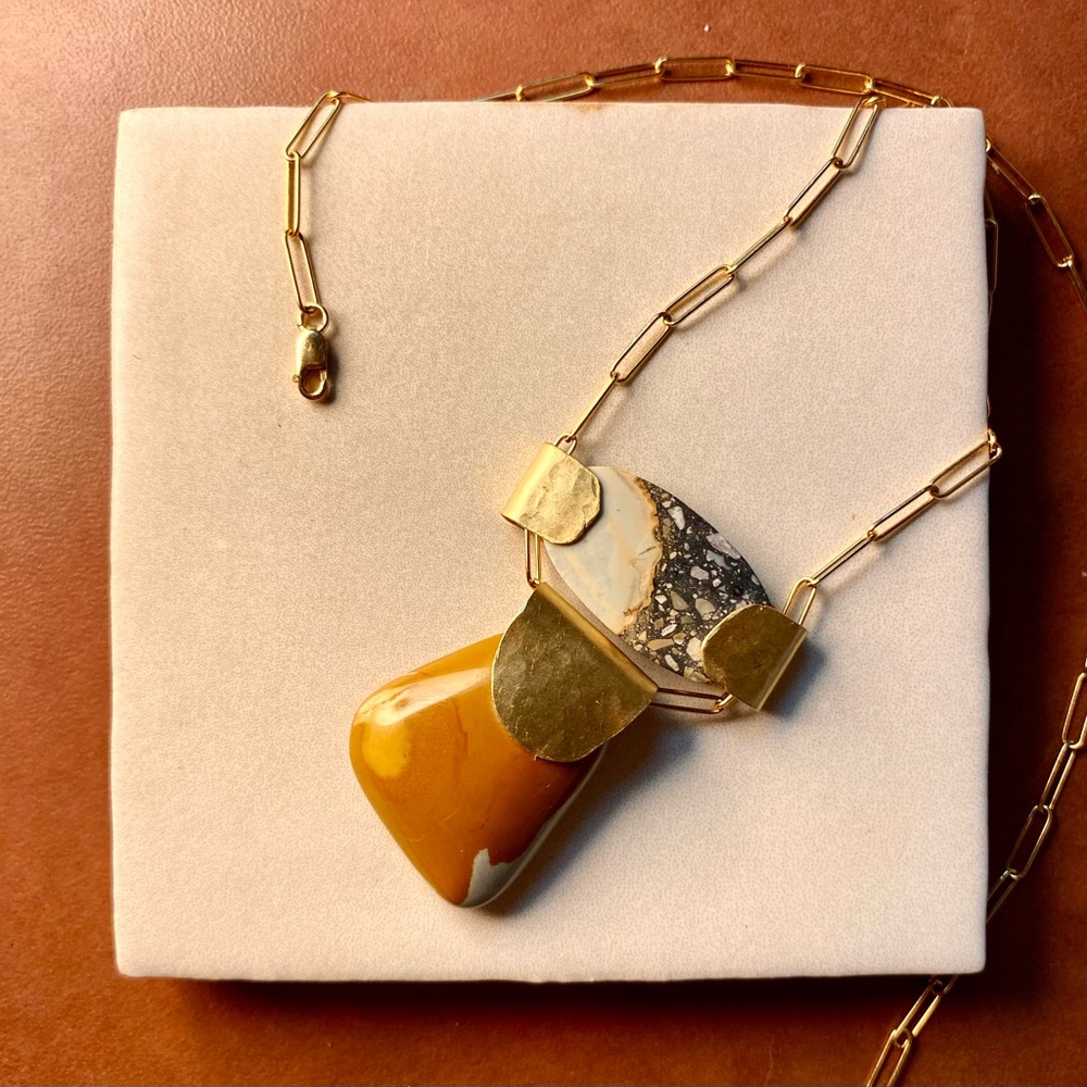 Gold-Filled Paperclip Chain Necklace with Jasper Stone Pendants - Handmade - Picture 2 of 3